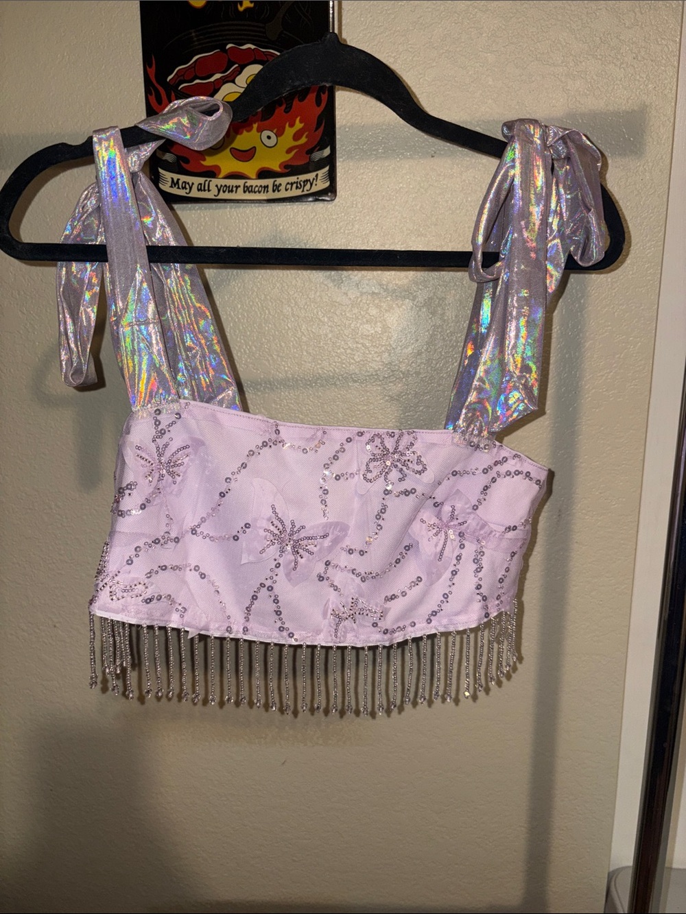 #101 NEW LARGE Holographic Strap Lavender Beaded Fringe Crop Top